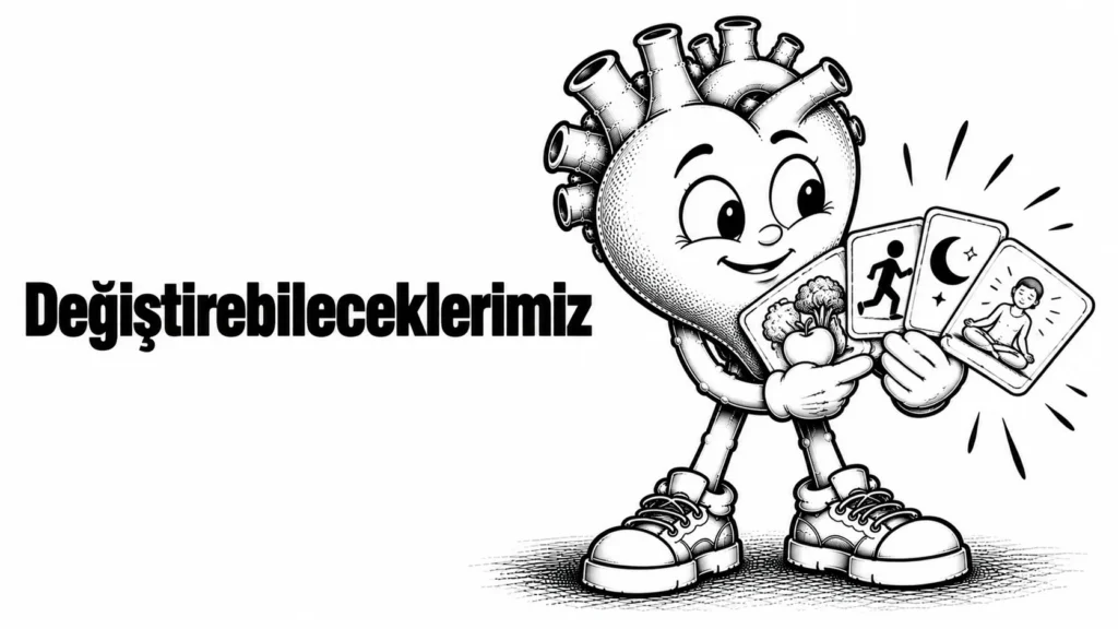 Değiştirebileceklerimiz yazısının kapağı: elinde bir kart destesi tutan kararlı siyah-beyaz karikatür kalp