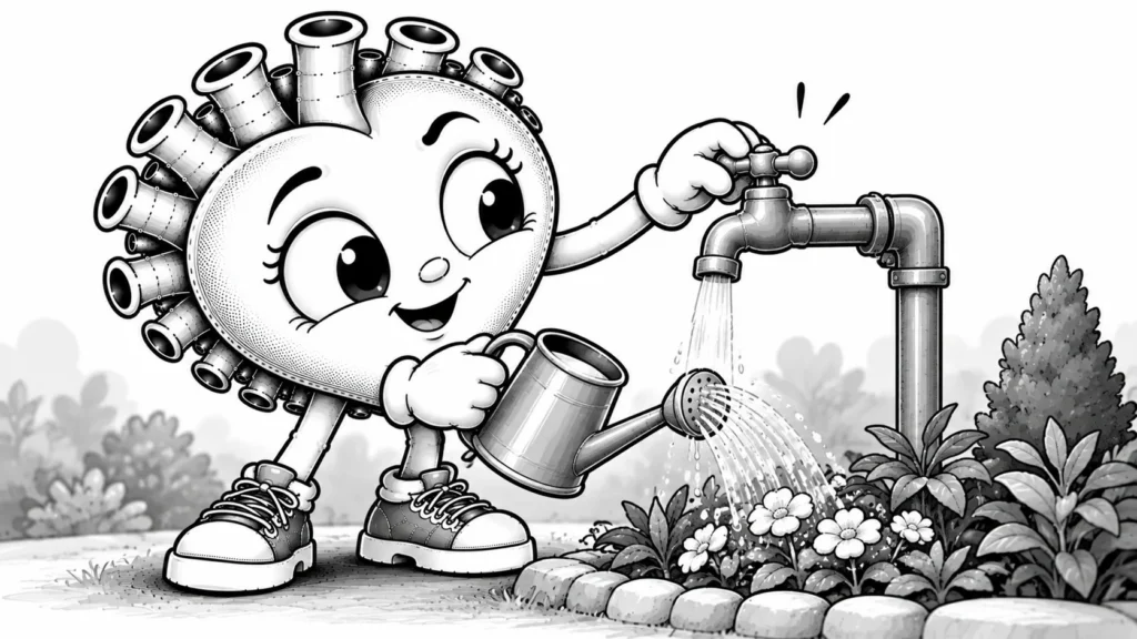 Fazla suyu dışarı akıtan basit bir musluğu kontrol eden dikkatli siyah-beyaz karikatür karakter