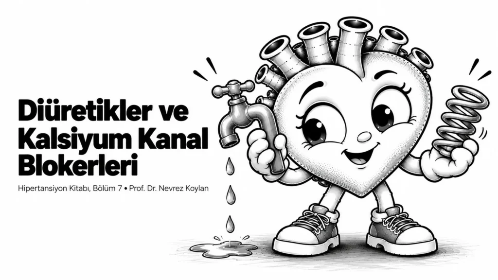 Diüretikler ve kalsiyum kanal blokerleri yazısının kapağı: bir elinde musluk, diğer elinde yay tutan siyah-beyaz karikatür kalp