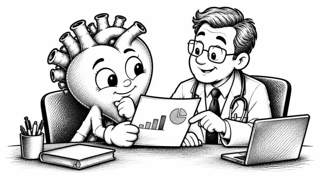 Elindeki bir sonucu doktoruyla birlikte inceleyen, rahat ve güvenli siyah-beyaz karikatür karakter