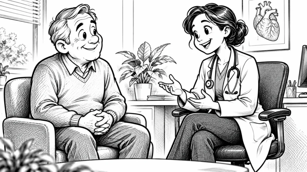 Doktoruyla rahat bir sohbet ederken omuzları gevşeyen, rahatlamış siyah-beyaz karikatür karakter