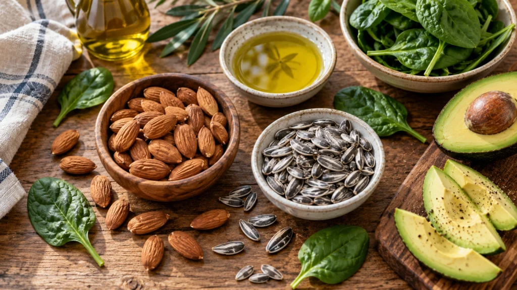E vitamini içeren badem, ayçiçeği tohumu ve yeşil yapraklı sebzeler