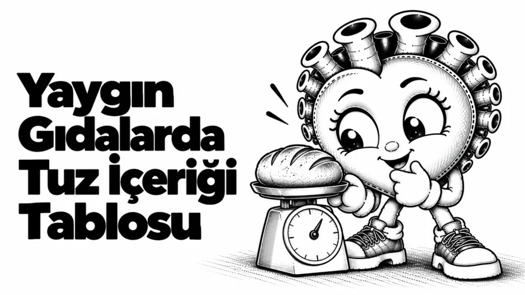 Ek C tuz içeriği tablosu sayfasının kapağı: elinde bir terazi tutup gıdaları tartan dikkatli siyah-beyaz karikatür kalp
