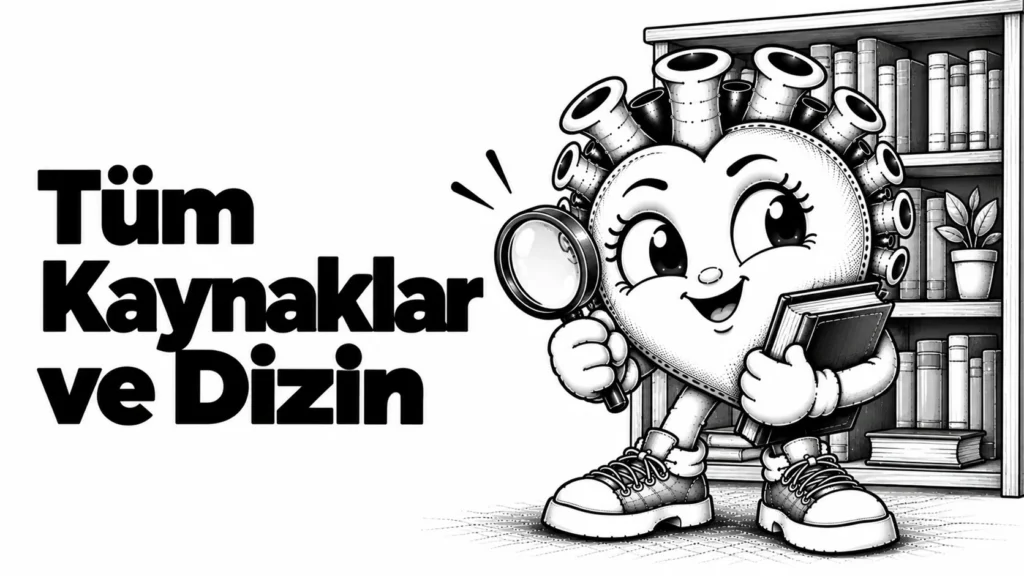 Ek D kaynaklar ve dizin sayfasının kapağı: elinde bir kitap rafı ve işaretçi tutan düzenli siyah-beyaz karikatür kalp