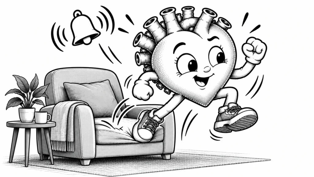 Bir alarm sesiyle koltuktan neşeyle kalkan, kararlı siyah-beyaz karikatür karakter