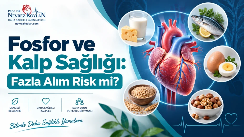 Fosfor ve kalp sağlığı ilişkisini anlatan kapak görseli — kalp illüstrasyonu ve fosfor açısından zengin besinler