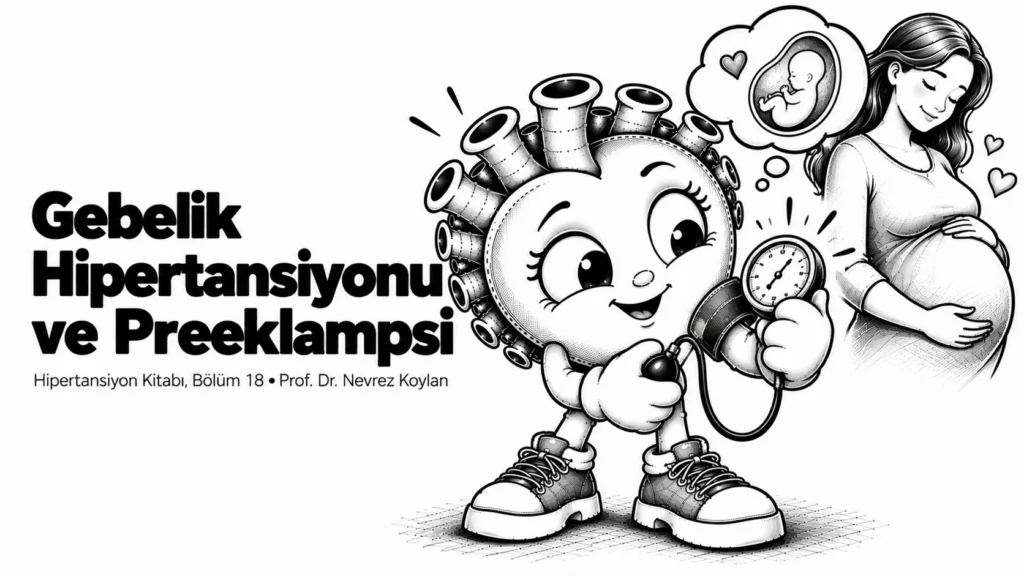 Gebelik hipertansiyonu ve preeklampsi yazısının kapağı: elinde bir tansiyon aleti tutup şefkatle koruyan siyah-beyaz karikatür kalp