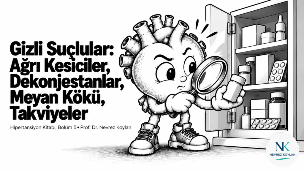 Gizli suçlular yazısının kapağı: elinde büyüteçle bir ecza dolabını inceleyen dikkatli siyah-beyaz karikatür kalp