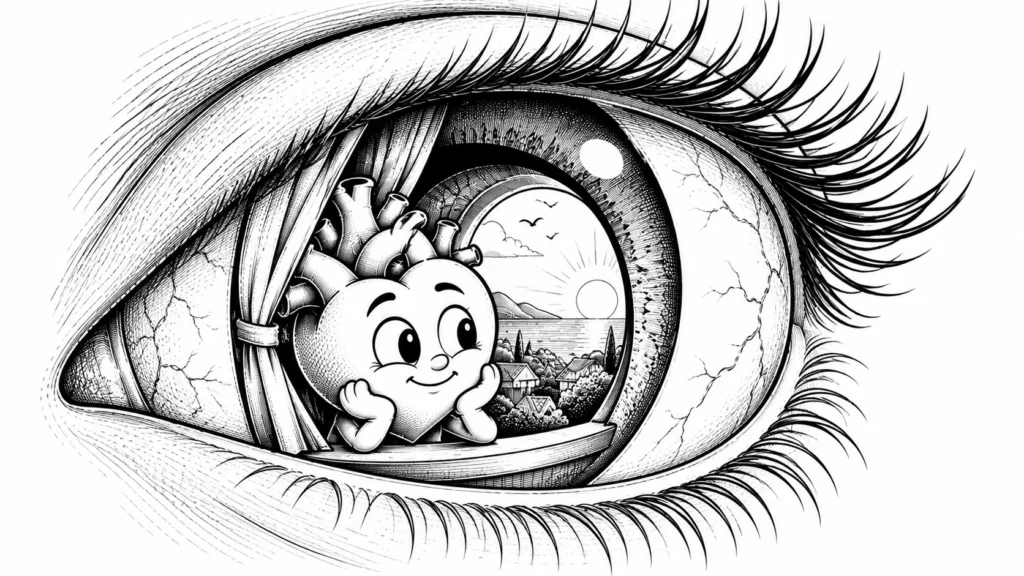 Bir gözün içinden dışarıya bakan, pencere gibi kullanılan siyah-beyaz karikatür göz motifi