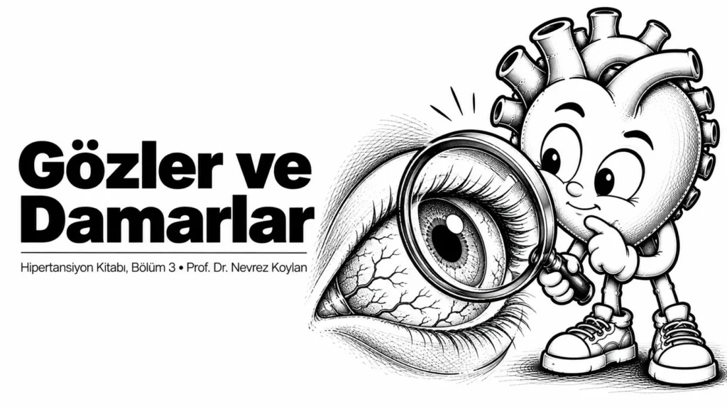 Gözler ve damarlar yazısının kapağı: elinde büyüteçle bir gözü inceleyen siyah-beyaz karikatür kalp
