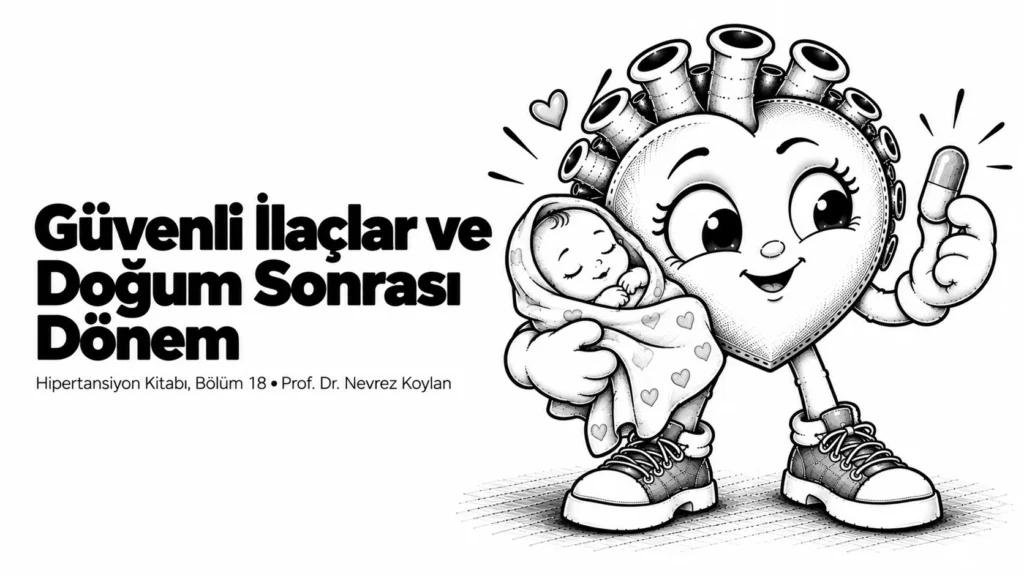 Güvenli ilaçlar ve doğum sonrası dönem yazısının kapağı: elinde bir bebek battaniyesi ve jenerik bir hap tutan şefkatli siyah-beyaz karikatür kalp