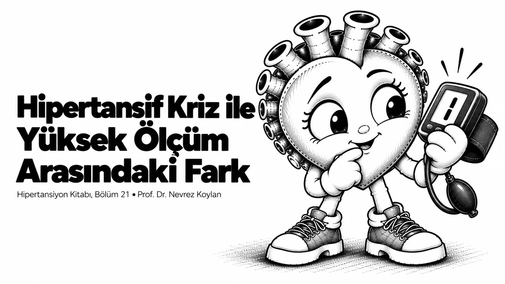 Hipertansif kriz ile yüksek ölçüm arasındaki fark yazısının kapağı: bir tansiyon aletine sakin ve dikkatli bakan siyah-beyaz karikatür kalp