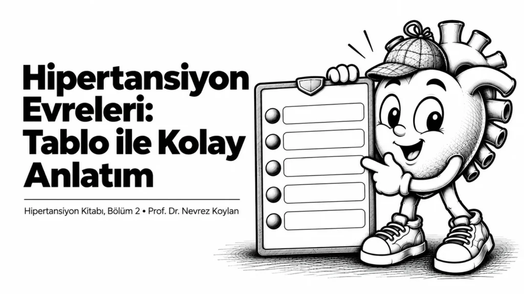Hipertansiyon evreleri tablo ile kolay anlatım yazısının kapağı: elinde büyük bir tablo/pano tutan siyah-beyaz karikatür kalp