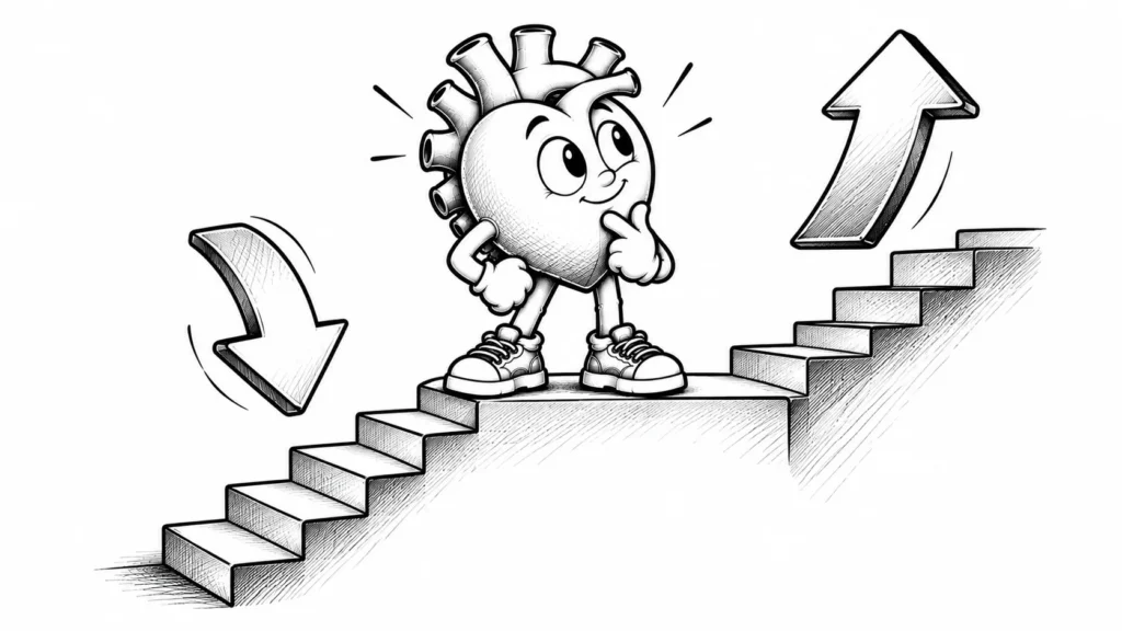 Bir merdivende hem yukarı hem aşağı yönde ok işaretleri (yazısız, sade oklar) arasında duran kararlı karikatür karakter