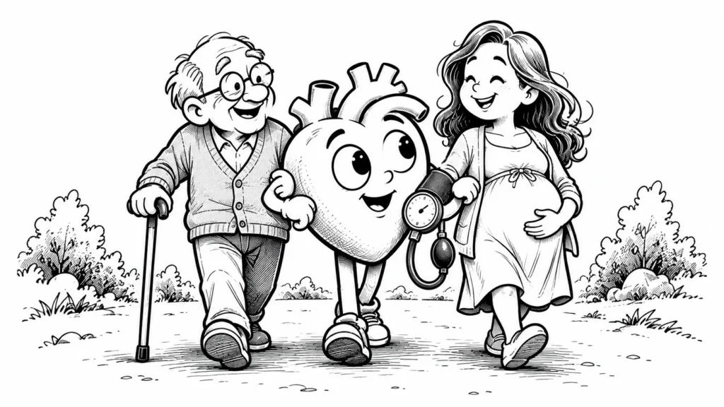 Bastonlu bir yaşlıya ve hamile bir figüre eşlik eden, elinde tansiyon aleti tutan hasta yakını karikatürü