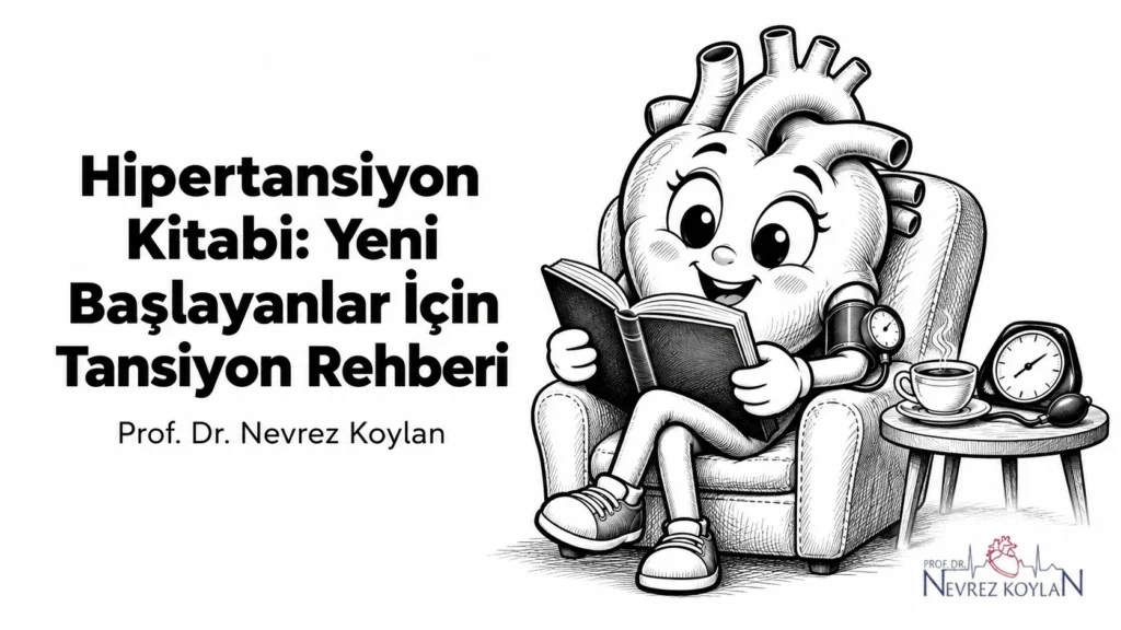 Hipertansiyon kitabı kapağı: kolunda tansiyon aleti manşonu olan, kitap okuyan siyah-beyaz karikatür kalp