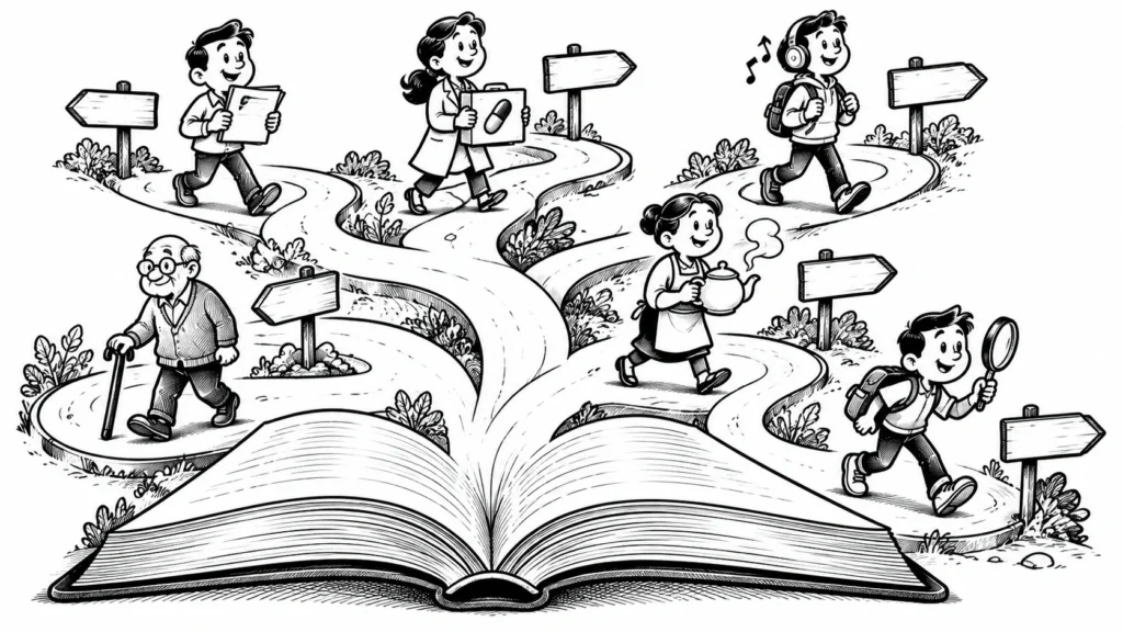 Kitabın sayfalarından çıkan yol ayrımlarında yürüyen farklı okur karakterlerinin karikatürü