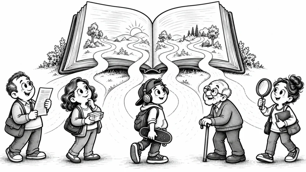 Kitabın önünde sıraya girmiş yeni tanı alan, ilaç kullanan, genç ve ileri yaştaki okurların karikatürü