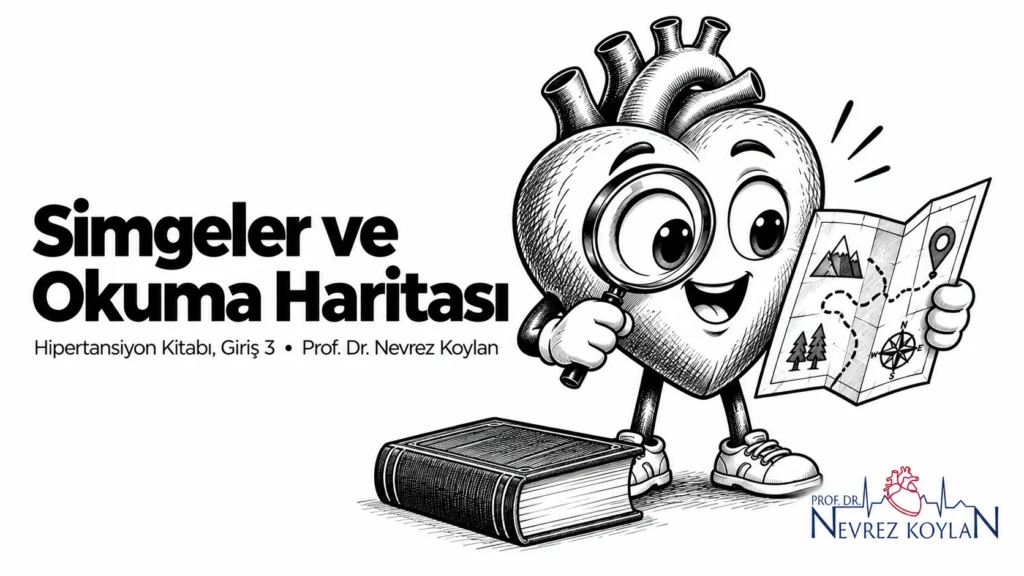 Hipertansiyon kitabı simgeler ve okuma haritası yazısının kapağı: elinde büyüteç ve pusula tutan siyah-beyaz karikatür kalp