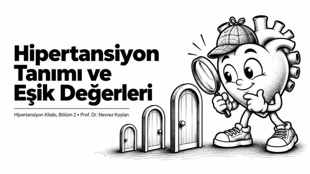 Hipertansiyon tanımı ve eşik değerleri yazısının kapağı: elinde büyüteçle üç farklı kapıyı inceleyen siyah-beyaz karikatür kalp