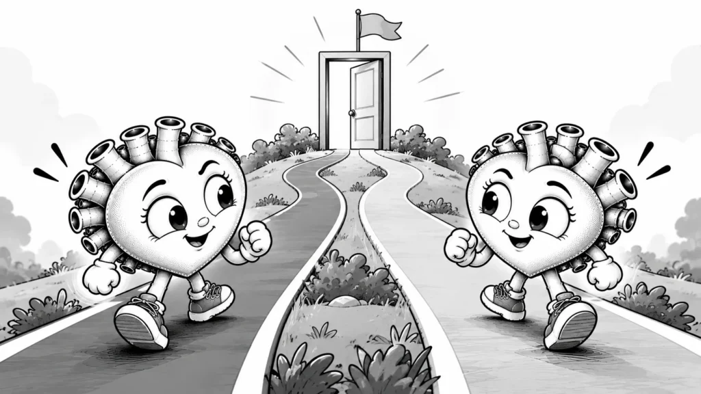 Aynı kapıya iki farklı yoldan ulaşan, birbirine paralel giden iki figürü izleyen siyah-beyaz karikatür karakter