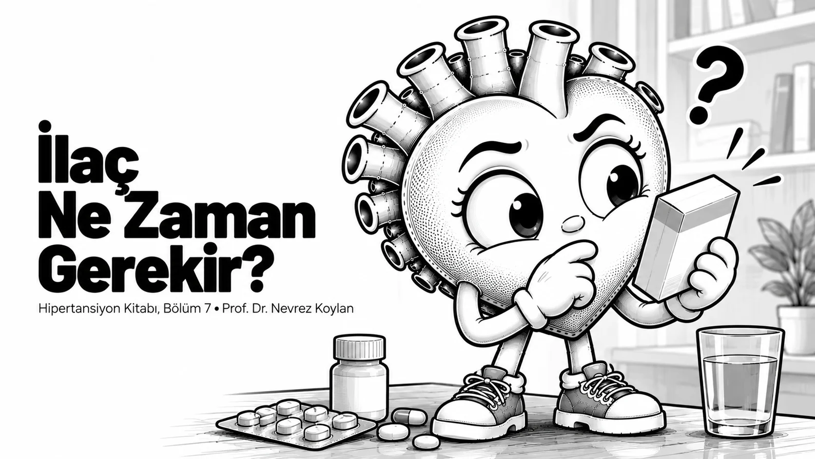 İlaç ne zaman gerekir yazısının kapağı: elinde bir hap kutusuna dikkatle bakan düşünceli siyah-beyaz karikatür kalp