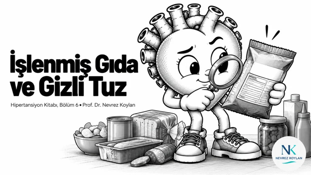 İşlenmiş gıda ve gizli tuz yazısının kapağı: elinde büyüteçle bir paket etiketini inceleyen dikkatli siyah-beyaz karikatür kalp