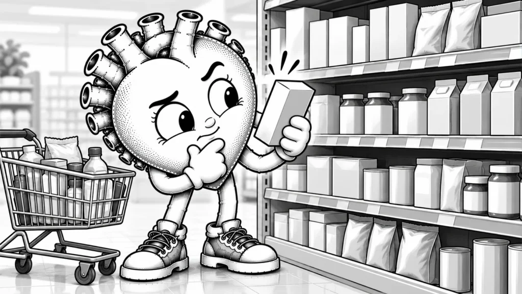 Bir markette raftaki paketli ürünleri şüpheyle inceleyen siyah-beyaz karikatür karakter