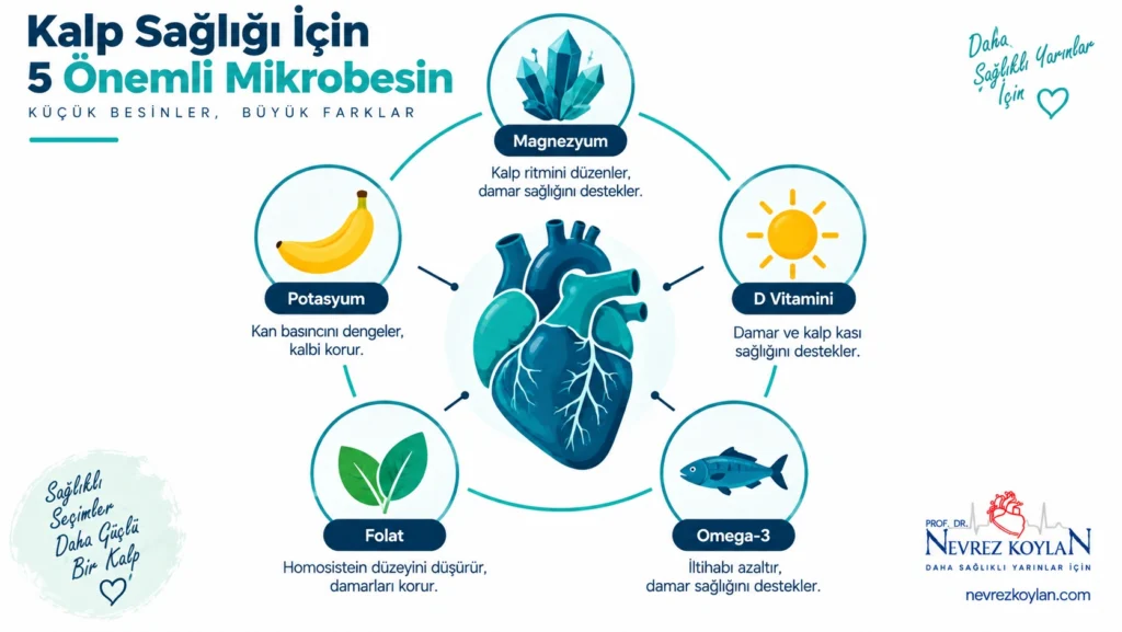 Magnezyum, potasyum, D vitamini, folat ve omega-3 içeren kalp sağlığı infografiği