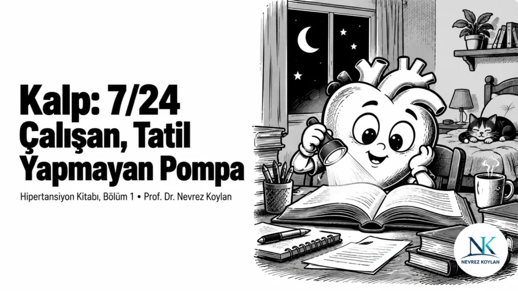 Kalp 7/24 çalışan pompa yazısının kapağı: gece lambası ışığında bile hiç durmadan çalışan siyah-beyaz karikatür kalp pompası
