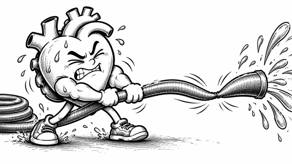 Daralmış bir hortuma karşı daha çok güç harcayan ve kasları şişen kalp pompası karikatürü