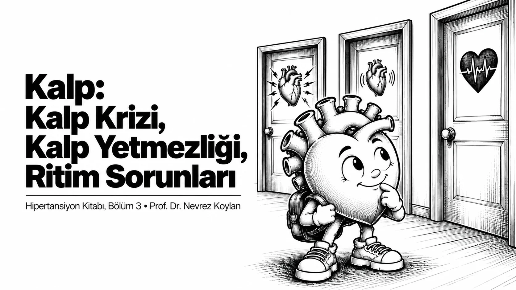 Kalp krizi kalp yetmezliği ritim sorunları yazısının kapağı: üç farklı kapının önünde duran endişeli ama dikkatli siyah-beyaz karikatür kalp
