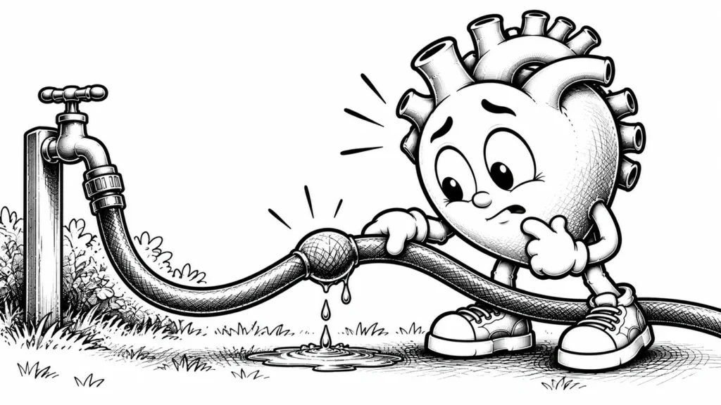 Aniden tıkanan bir hortum parçasına şaşkın bakan siyah-beyaz karikatür kalp pompası