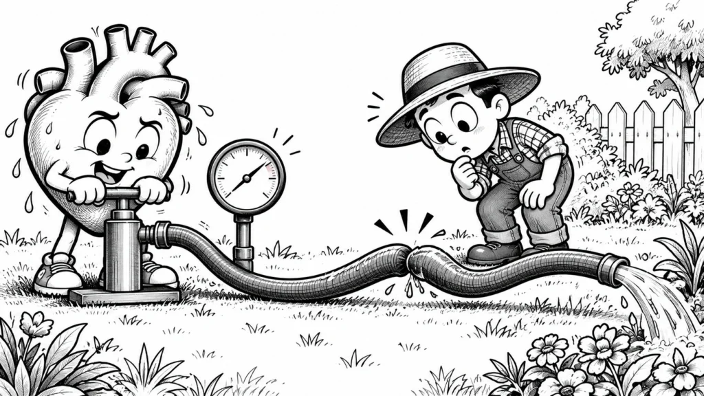 Kalp şeklindeki pompaya bağlı bahçe hortumu damarı gösteren, daralmış noktaya şaşkın bakan bahçıvan karikatürü