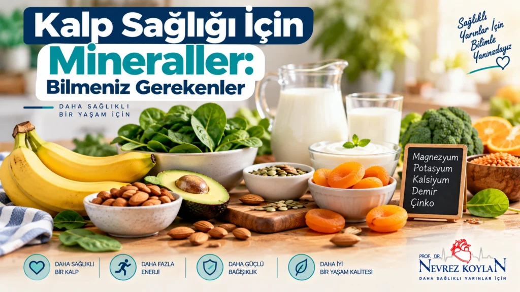Kalp sağlığı için mineraller — magnezyum, potasyum ve kalsiyum açısından zengin besinlerin yer aldığı kapak görseli