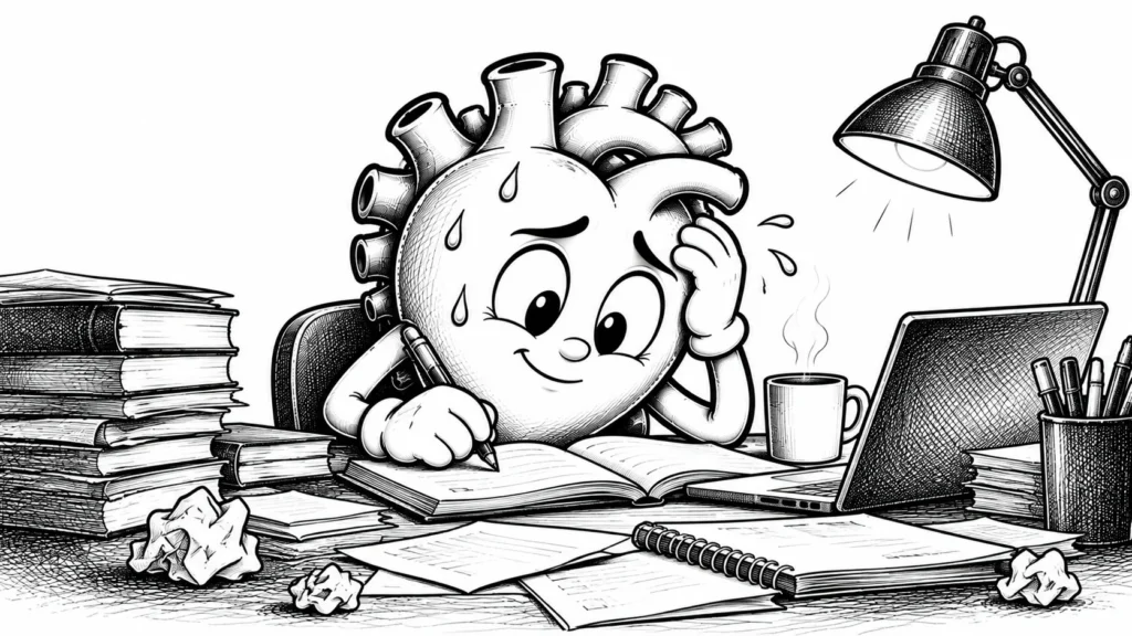 Uzun bir mesai sonunda yorgun ama hâlâ çalışmaya devam eden siyah-beyaz karikatür kalp pompası