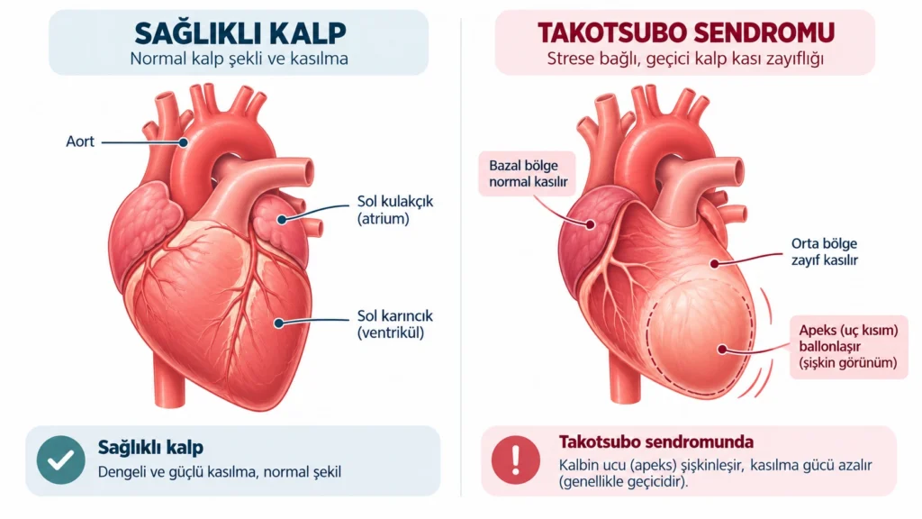 Sağlıklı kalp ile Takotsubo kırık kalp sendromundaki kalp şeklinin karşılaştırmalı illüstrasyonu