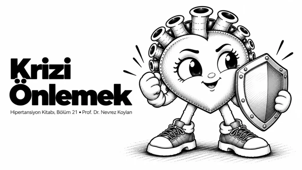 Krizi önlemek yazısının kapağı: elinde küçük bir kalkan tutan, önleyici ve kararlı siyah-beyaz karikatür kalp