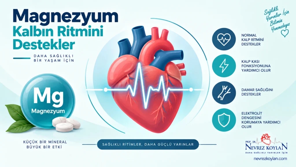 Magnezyumun kalp ritmi ve elektriksel iletim üzerindeki etkisini gösteren minimalist infografik