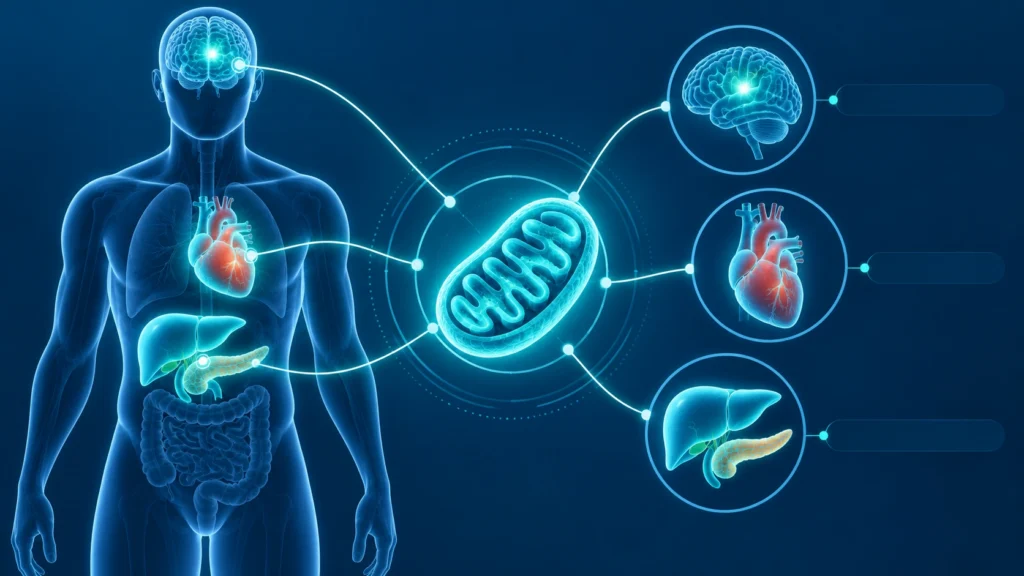 Mitokondri işlev bozukluğunun kalp, beyin ve metabolizma ile ilişkisini gösteren görsel