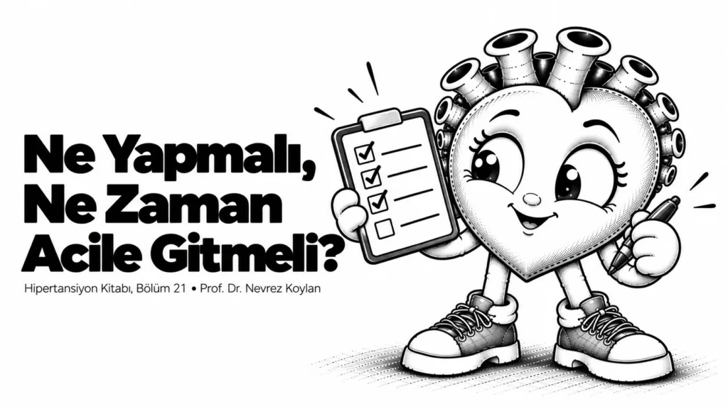 Ne yapmalı ne zaman acile gitmeli yazısının kapağı: elinde bir kontrol listesi tutan sakin ve kararlı siyah-beyaz karikatür kalp