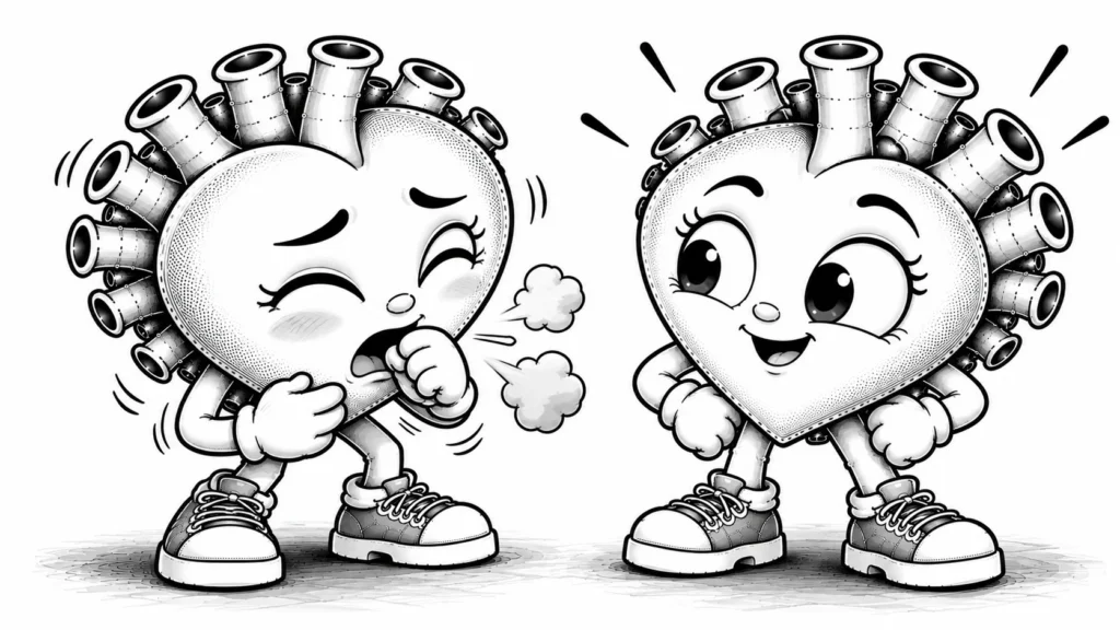 Bir tarafta hafifçe öksüren, diğer tarafta rahat duran iki karakteri karşılaştıran siyah-beyaz karikatür karakter