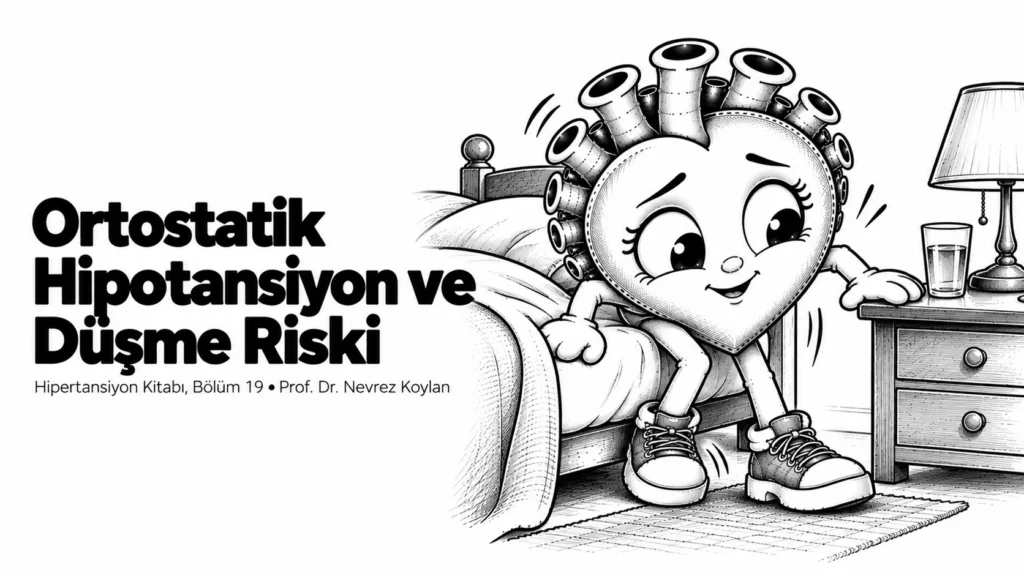 Ortostatik hipotansiyon ve düşme riski yazısının kapağı: ayağa kalkarken dengesini korumaya çalışan dikkatli siyah-beyaz karikatür kalp