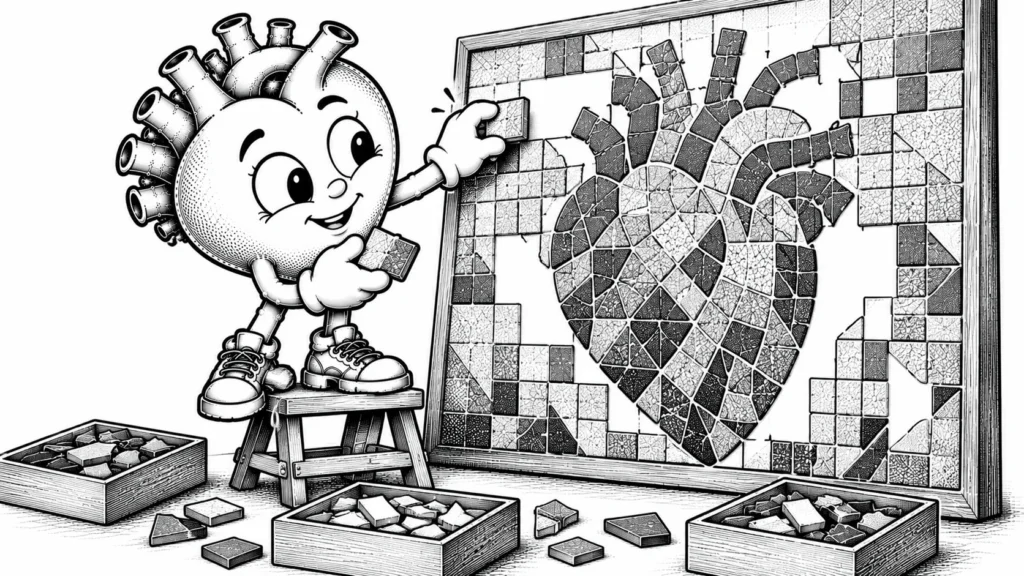 Birbirine bağlı çok sayıda küçük mozaik parçasını bir araya getiren meraklı siyah-beyaz karikatür karakter