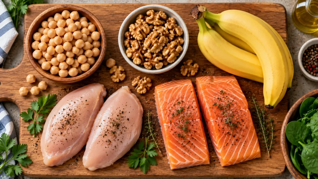 B6 vitamini içeren besinlerin (nohut, ceviz, muz, tavuk, somon) düzenli görseli