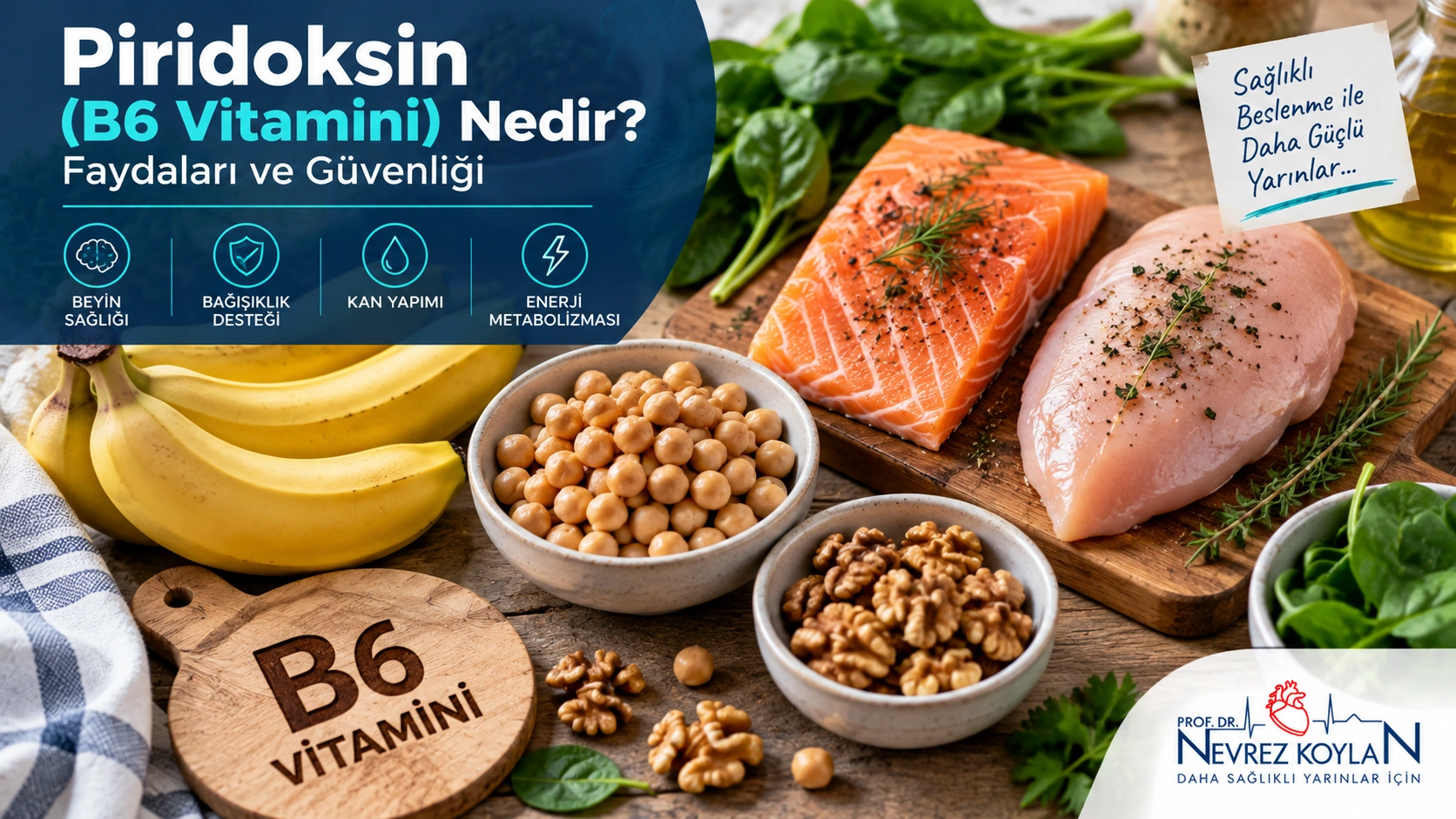 Piridoksin (B6 vitamini) nedir başlıklı blog kapak görseli, B6 içeren gıdalar ve kalp sembolü
