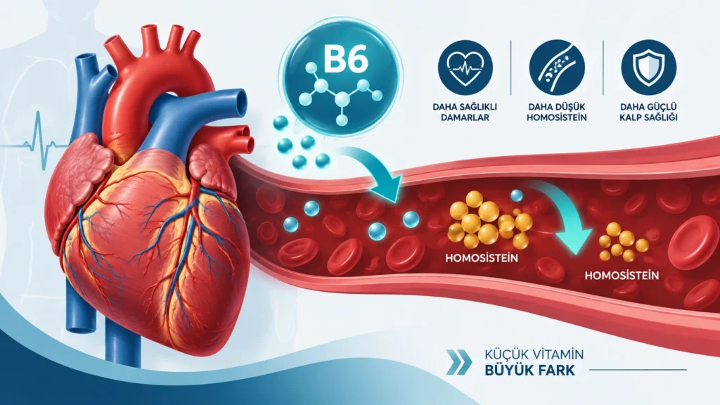 B6 vitamininin homosistein düzeyi ve kalp damar sağlığıyla ilişkisini gösteren şema görseli