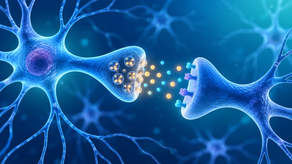 Piridoksinin dopamin ve serotonin üretimindeki rolünü gösteren sinir hücresi illüstrasyonu