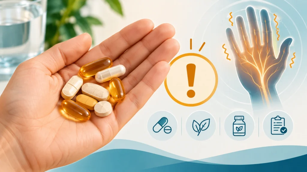 Yüksek doz B6 takviyesi kullanımına dikkat çeken uyarı temalı görsel, vitamin hapları ve el karıncalanması ikonu