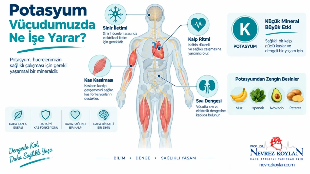 Potasyumun vücuttaki işlevlerini gösteren tıbbi infografik